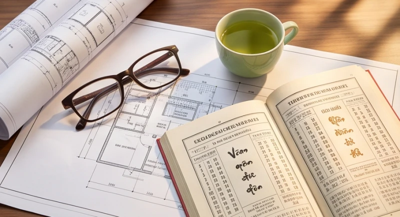 Bản vẽ thiết kế nhà cửa và cuốn lịch vạn sự được chuẩn bị kỹ lưỡng cho quá trình thi công