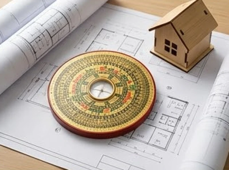La bàn phong thủy đặt trên bản vẽ thiết kế kiến trúc và mô hình nhà gỗ truyền thống