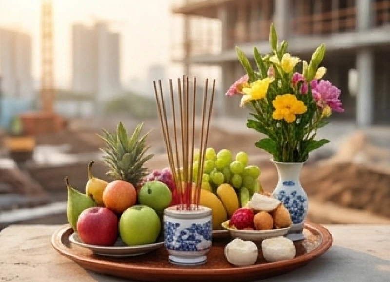 Gia chủ chuẩn bị mâm cúng động thổ xây nhà với mâm quả và hương nến trang nghiêm