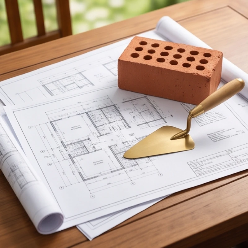 Bản vẽ thiết kế nhà và viên gạch đỏ chuẩn bị cho nghi thức động thổ cất nhà