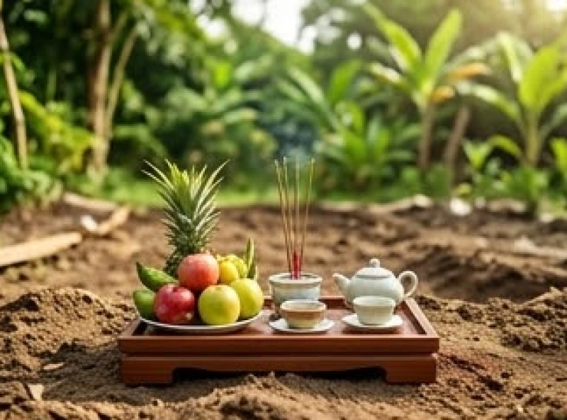 Giáp Thìn 1964 hợp hướng nào: Bảng tra nam nữ và cách bố trí 8 Mâm cúng trang trọng được chuẩn bị tươm tất trên nền đất để thực hiện nghi lễ động thổ