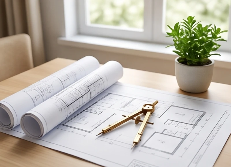 Bản vẽ thiết kế nhà ở được trải trên bàn cùng dụng cụ kiến trúc để chuẩn bị cho quá trình thi công