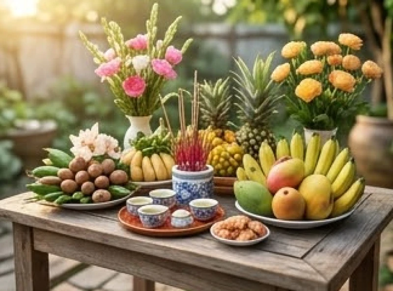 Tháng tốt xấu của tuổi Tuất năm 2026: Lịch đại cát và kiêng kỵ 4 Khay lễ cúng động thổ truyền thống với hoa tươi và trái cây được chuẩn bị chu đáo để cầu bình an.