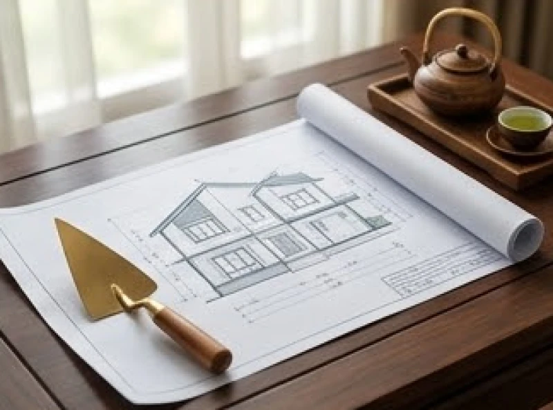 Bản vẽ thiết kế nhà ở và chiếc xẻng nhỏ mạ vàng đặt trang trọng trên bàn chuẩn bị cho lễ động thổ
