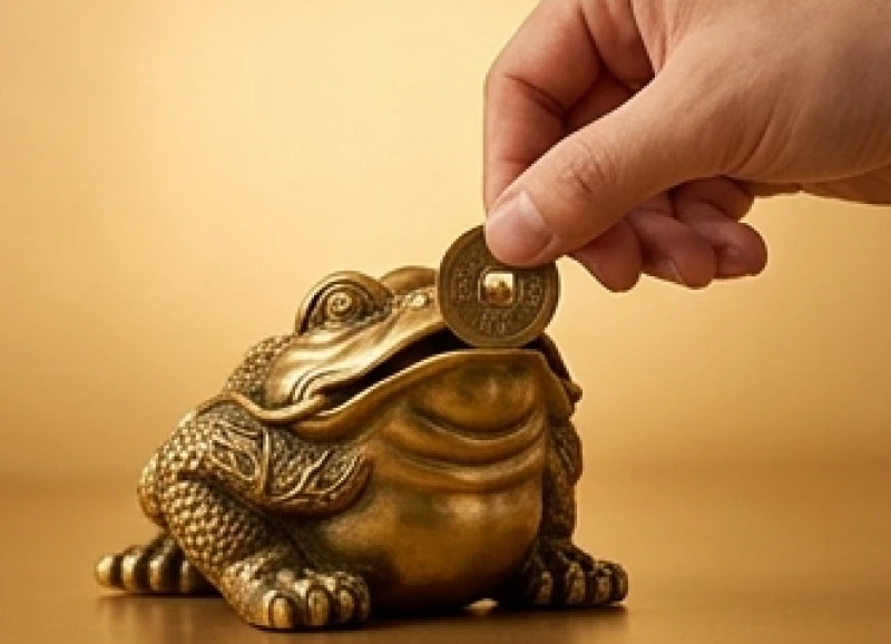 Thao tác đặt nhẹ đồng tiền xu cổ vào khe miệng rộng của tượng cóc sau một ngày kinh doanh