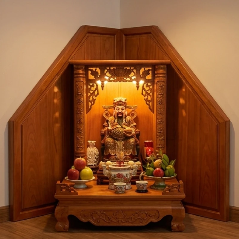 Cách bài trí bàn thờ Thần Tài cho tuổi Dần: chuẩn sơ đồ 5 mệnh 15 Bàn thờ được xoay chéo 45 độ và lấp đầy khoảng trống phía sau bằng vách ngăn để tạo thế tựa