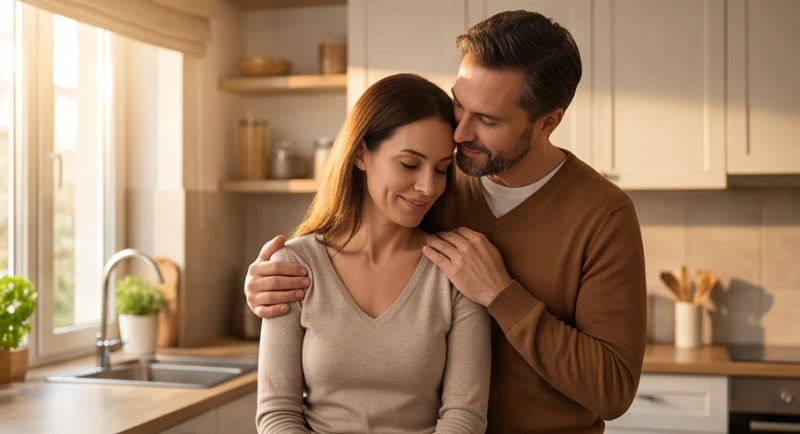 Mất nhẫn cưới là điềm gì: Cách xử lý êm đẹp và quy tắc mua lại 5 Người chồng mỉm cười ôm vai động viên khi người vợ tự dằn vặt vì trót làm mất nhẫn cưới
