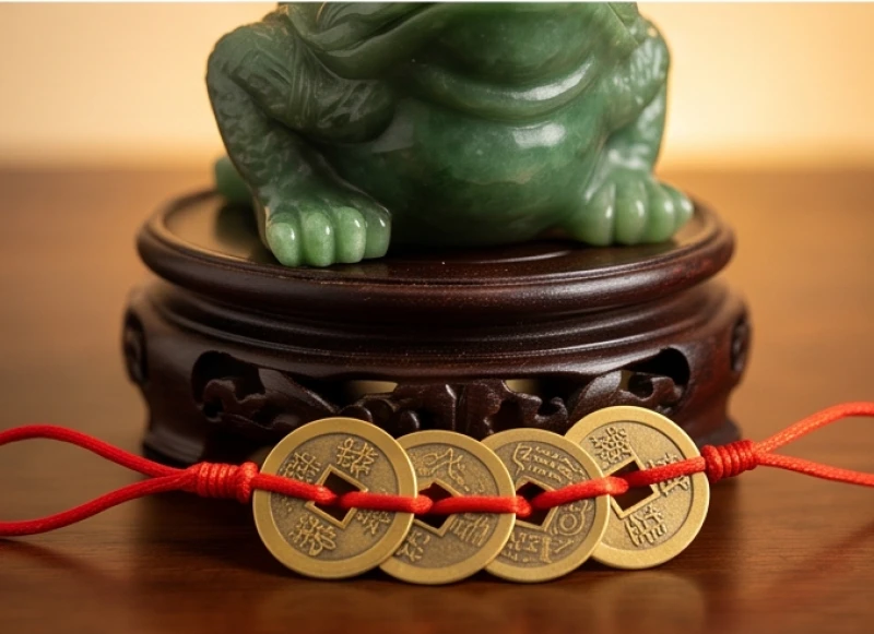 Thiềm Thừ Phong Thủy Tuổi Tỵ: Bảng Tra Ngũ Hành Và Hóa Giải 9 Dây đồng xu ngũ đế kết bằng chỉ đỏ được đặt dưới đế bức tượng Thiềm Thừ bằng đá ngọc bích
