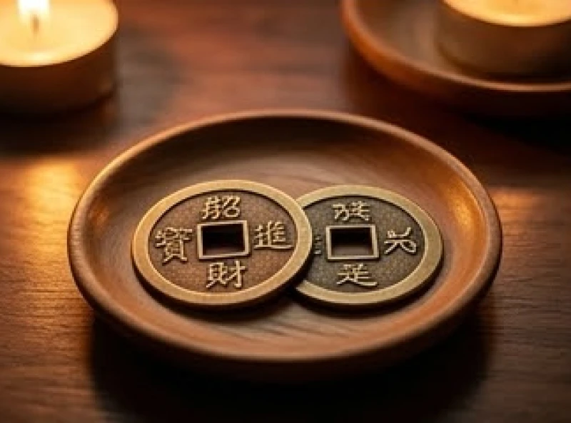 Hai đồng tiền xu cổ dùng để xin đài âm dương trên chiếc đĩa gỗ