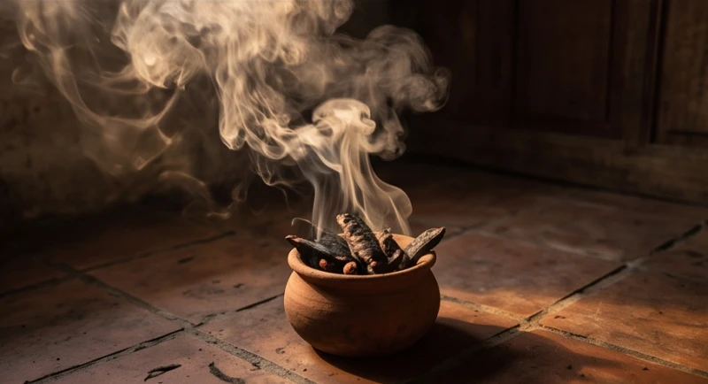 Một thố đất nung chứa những quả bồ kết khô đang bốc khói nghi ngút ở góc nhà để thanh tẩy uế khí