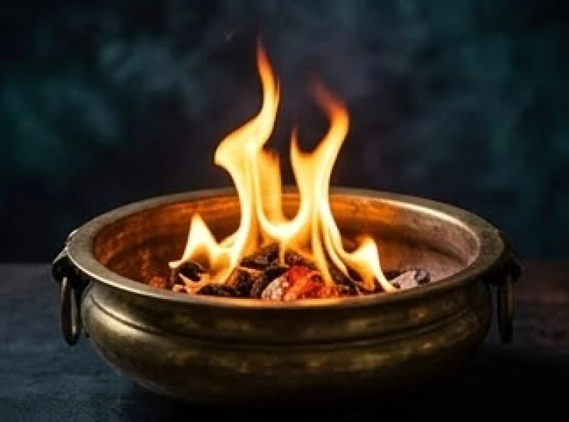 Ngọn lửa ấm áp đang hóa tro giấy vàng mã trong chiếc chậu đồng mang ý nghĩa xua tan xui xẻo