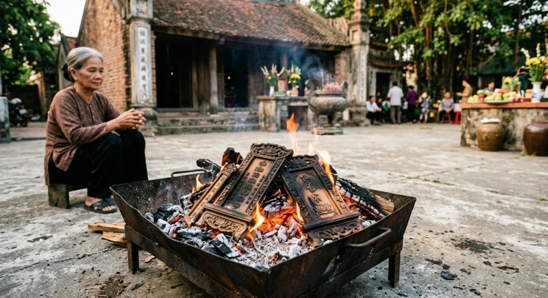 Văn khấn hạ bàn thờ để chuyển nhà: Bài cúng chuẩn và cách hạ đồ 12 Những ván gỗ của bàn thờ cũ được chẻ nhỏ và đốt hóa cẩn thận thành tro vụn tại một khu đất trống sạch sẽ