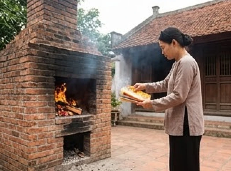 Văn khấn đình làng mùng 1: Bài cúng chi tiết và nghi thức dâng lễ 8 Người đi lễ thực hiện nghi thức hóa vàng mã tại lò thiêu riêng của đình sau khi hương đã tàn hai phần ba