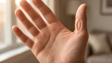 Cận cảnh ngón tay cái có đường vân mắt phượng khép kín rõ nét bẩm sinh