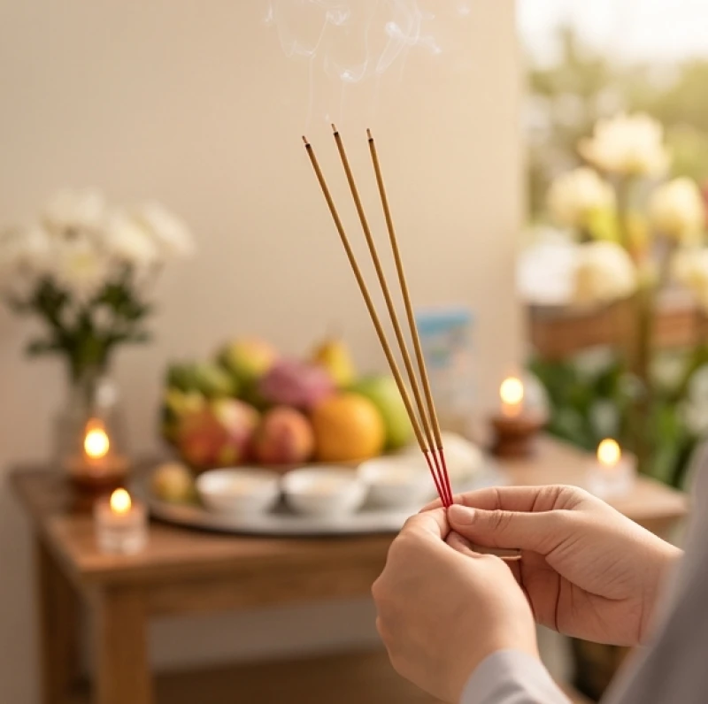 Người làm lễ thành kính thắp ba nén nhang trầm thơm ngát trước mâm lễ trong lúc đọc lời nguyện cầu.