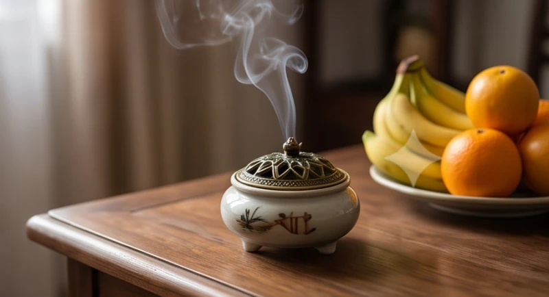 Làn khói trầm hương tỏa ra từ chiếc lư sứ nhỏ đặt trên bàn phòng khách giúp thanh tẩy không gian