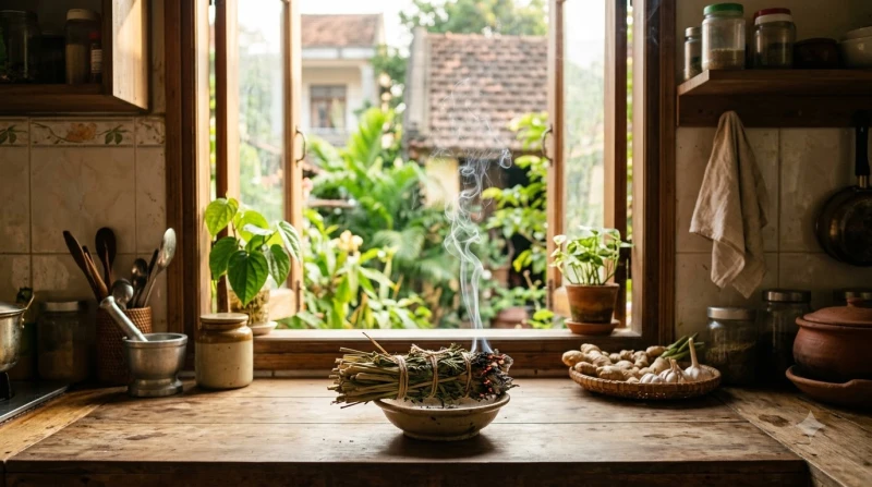 Đốt một bó thảo mộc nhỏ để khói tỏa ra thanh tẩy không gian phòng ăn đón ánh sáng