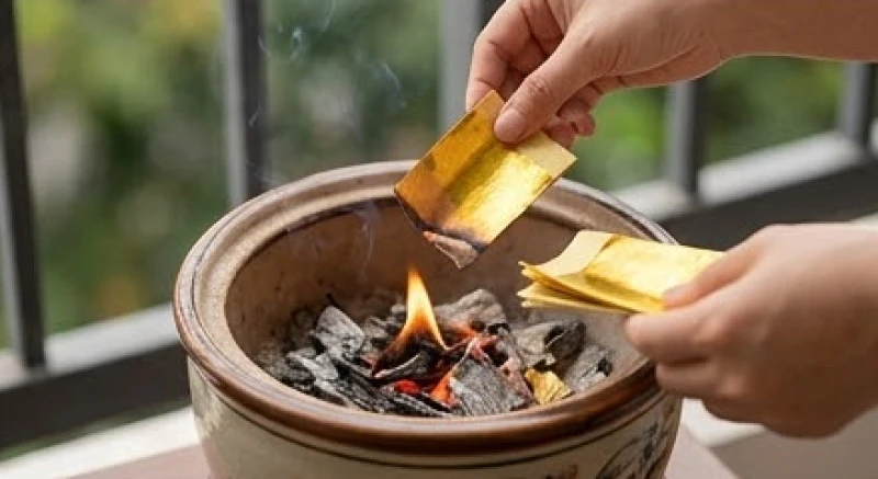 Văn khấn hóa vàng 49 ngày: Bài cúng chuẩn và quy trình hóa mã 5 Từng xấp giấy tiền vàng lá được thả từ từ vào chiếc lư gốm để ngọn lửa cháy đượm mà không bị tắt giữa chừng