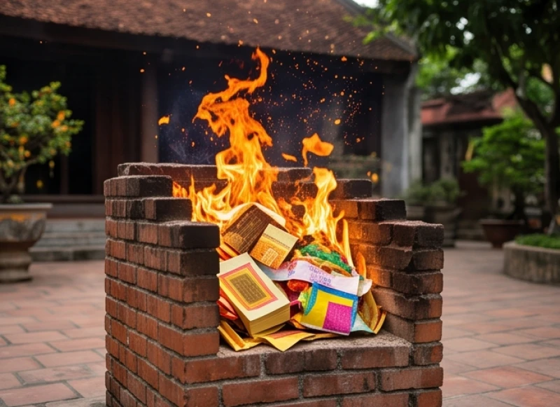 Tiền vàng mã và áo mũ giấy đang được hóa cẩn thận trong lò đốt bằng gạch đỏ tại khuôn viên miếu