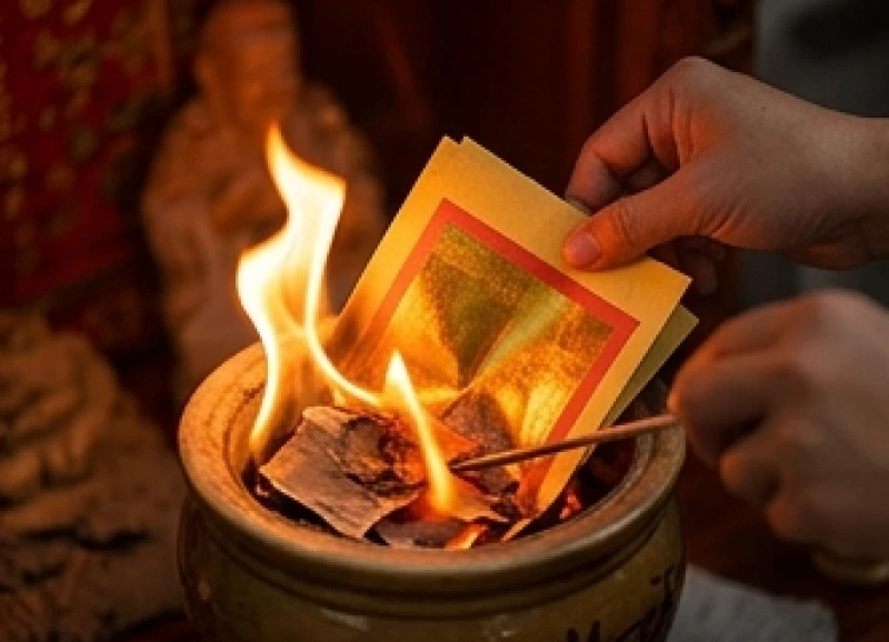 Văn khấn hóa vàng Thần Tài: Bài cúng chuẩn và nghi thức tạ lộc 2 Gia chủ cẩn thận châm lửa đốt giấy áo và đinh tiền vàng trong lư gốm sứ