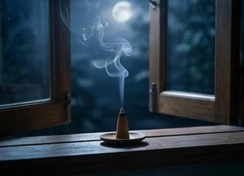 Nụ trầm hương nhỏ đang tỏa khói dịu nhẹ bên bệ cửa sổ phòng ngủ đón những luồng gió mát