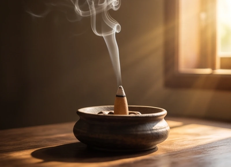 Làn khói trắng tỏa ra từ nụ trầm hương đang cháy nhẹ trên đĩa gốm giúp thanh lọc không khí tù đọng