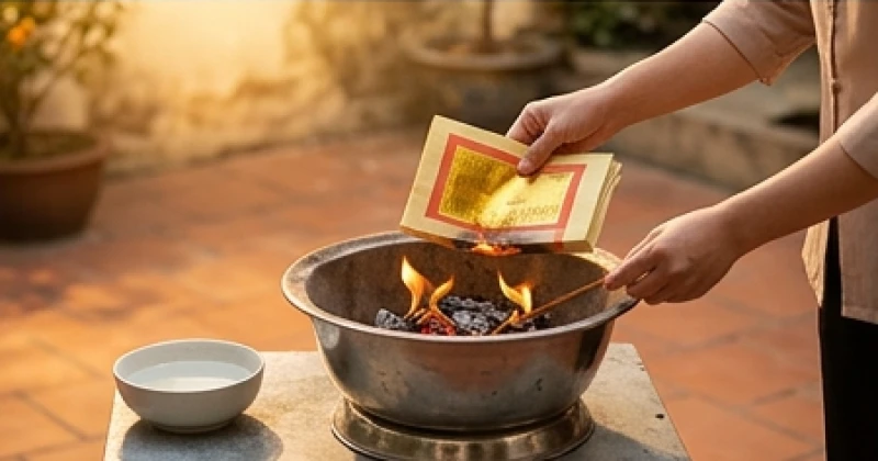 Văn khấn hóa vàng Thổ Công: Bài cúng riêng, mâm lễ và giờ đẹp 8 Gia chủ đang cẩn thận đốt vàng mã trong lư hóa vàng chuyên dụng để đảm bảo an toàn phòng cháy