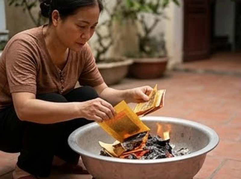 Văn khấn mời gia tiên về thụ hưởng lễ vật: Trình tự cúng trọn vẹn 9 Người phụ nữ đang cẩn thận hóa vàng mã trong chậu nhôm sạch sau khi nhang trên bàn thờ đã tàn