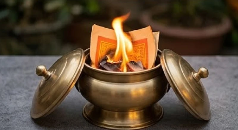 Văn khấn ngày rằm hàng tháng: Mâm lễ, bài cúng và quy trình chuẩn 7 Đốt tiền vàng mã trong lư đồng chuyên dụng để đảm bảo an toàn phòng cháy chữa cháy
