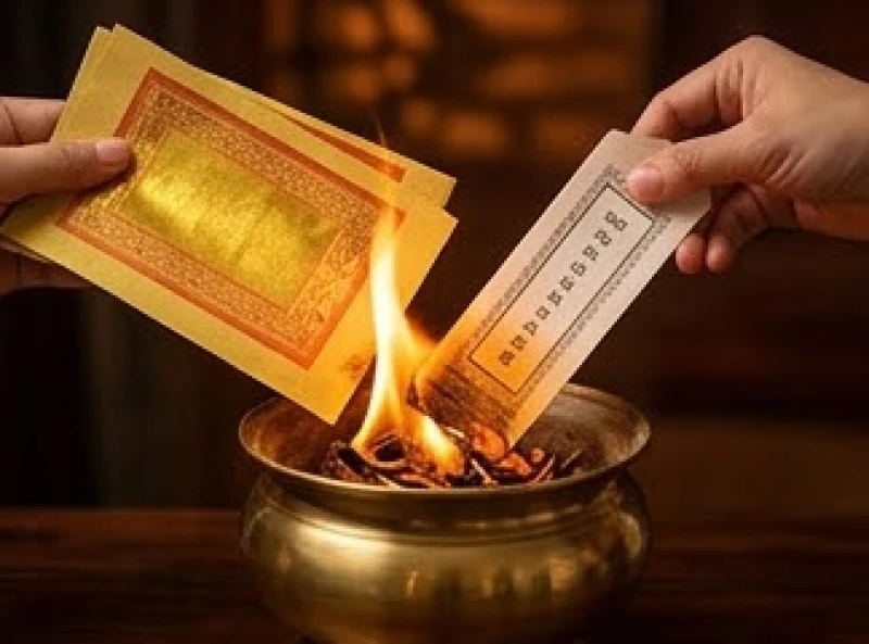 Quá trình hóa vàng mã và bài vị sau khi nhang trên bàn cúng dâng sao đã cháy được khoảng hai phần ba