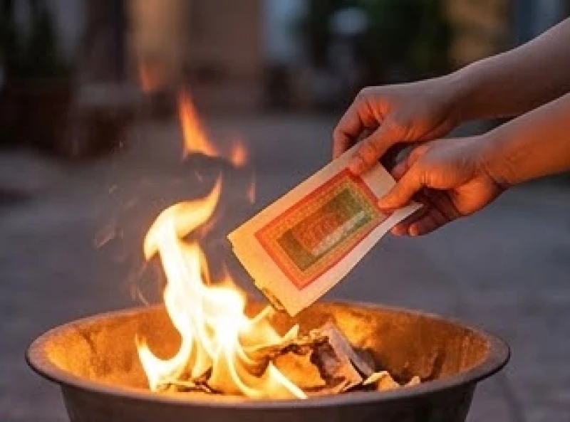 Bàn tay thành kính châm lửa đốt xấp giấy tiền vàng mã dâng lên cho ông bà tổ tiên trong nhà