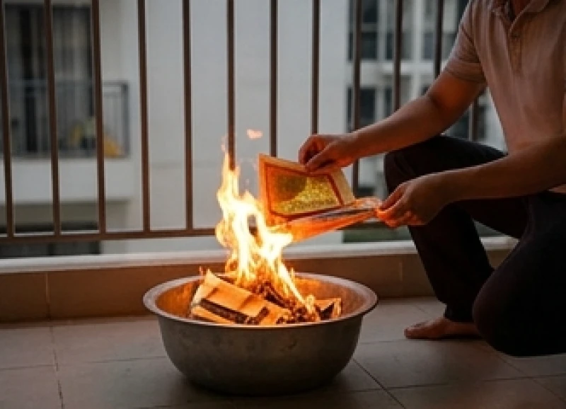 Người chủ lễ thực hiện nghi thức hóa vàng mã và kim ngân trong một chiếc chậu nhôm sạch để tạ lễ sau khi nhang tàn