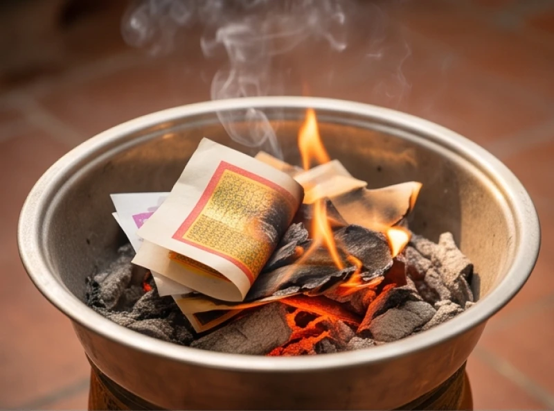 Gia chủ cẩn thận đốt vàng mã và quần áo giấy vào chậu hóa vàng để gửi tài vật cho tổ tiên