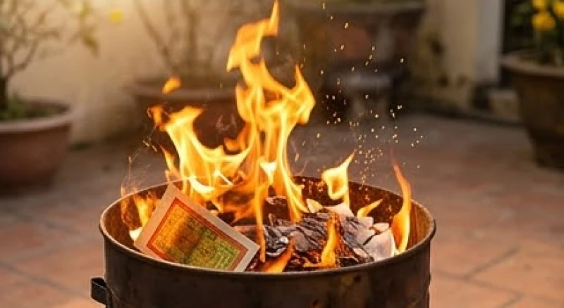 Hóa tiền vàng mã trong một chiếc lò đốt chuyên dụng, ngọn lửa cháy đượm hồng rực rỡ ngoài khoảng sân thoáng đãng