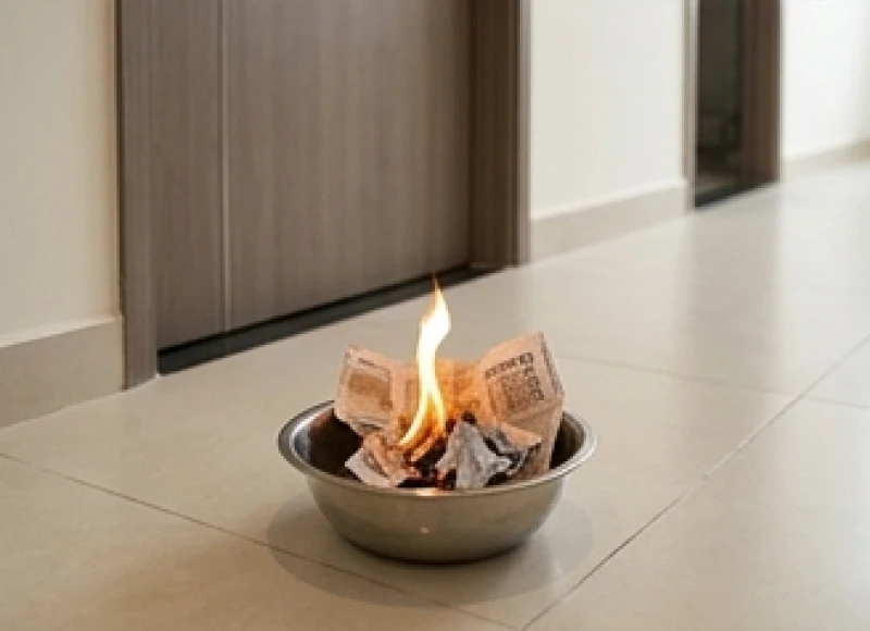 Văn khấn đón mẹ và bé từ viện về: nghi lễ chuẩn và mẹo an toàn 9 Thố inox nhỏ đốt vài tờ giấy báo tạo ngọn lửa nhỏ trước cửa căn hộ chung cư để mẹ bế bé bước qua