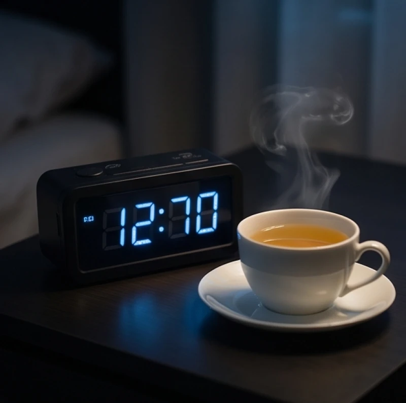 Đồng hồ báo thức điện tử hiển thị thời gian buổi tối bên cạnh tách trà hoa cúc tĩnh lặng trên bàn ngủ