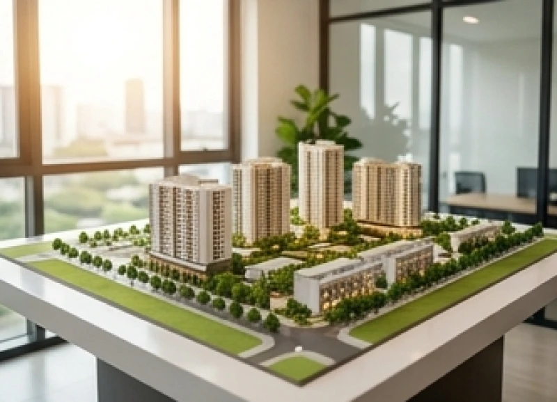 Mô hình sa bàn dự án khu đô thị sinh thái được đặt trong văn phòng môi giới bất động sản