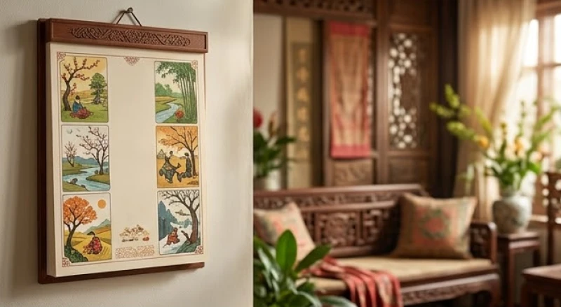 Cuốn lịch vạn niên mờ ảo phía sau đánh dấu các tháng giao mùa quan trọng