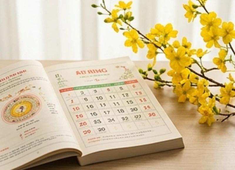 Tử vi tuổi Ất Hợi 1995 năm 2027: Diễn biến 12 tháng và cúng sao 9 Cuốn lịch vạn niên mở ra trang đầu xuân đặt cạnh cành hoa mai vàng đang khoe sắc