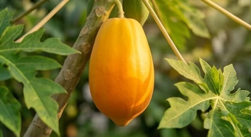Quả đu đủ chín vàng cam nhẵn bóng với phần vỏ căng mọng tràn đầy sức sống và năng lượng