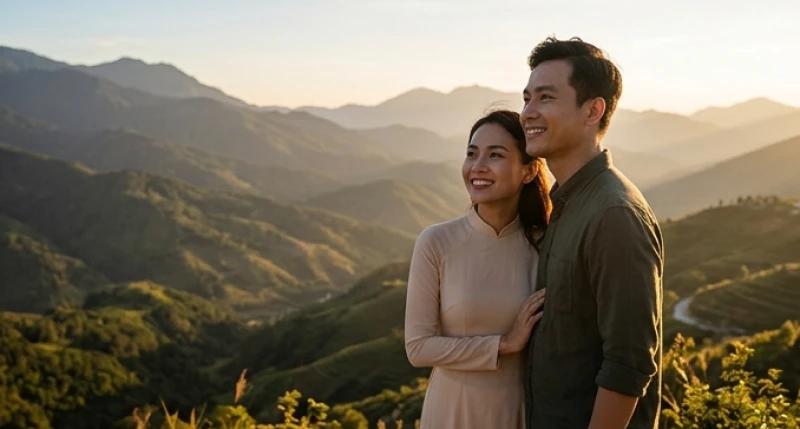 Cặp đôi khoác vai nhau ngắm nhìn phong cảnh thiên nhiên hùng vĩ trong một chuyến du lịch ngắn ngày