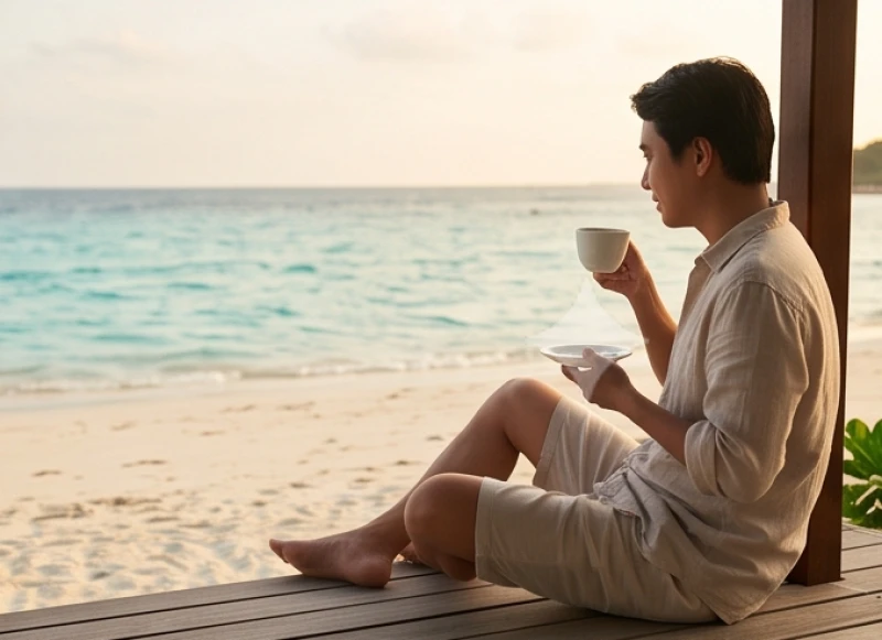 Du khách thư giãn tận hưởng không khí trong lành tại khu nghỉ dưỡng sinh thái ven biển để phục hồi năng lượng