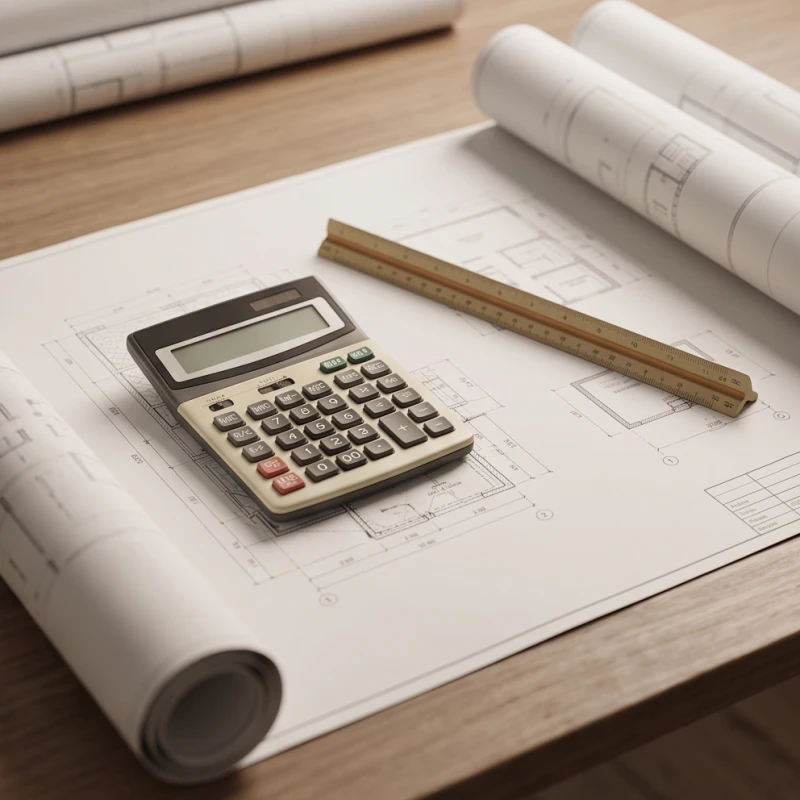 Tài lộc tuổi Tỵ năm 2027: Phân bổ dòng tiền và kích vận 13 Bản vẽ thiết kế nhà và máy tính bỏ túi nằm cạnh nhau trên bàn làm việc