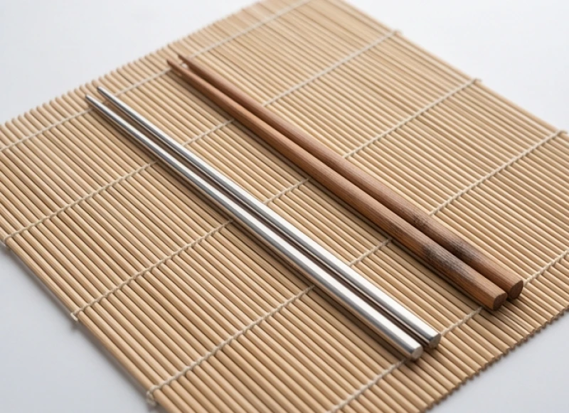 Đôi đũa inox sáng bóng đặt cạnh đôi đũa gỗ truyền thống trên chiếc thảm tre