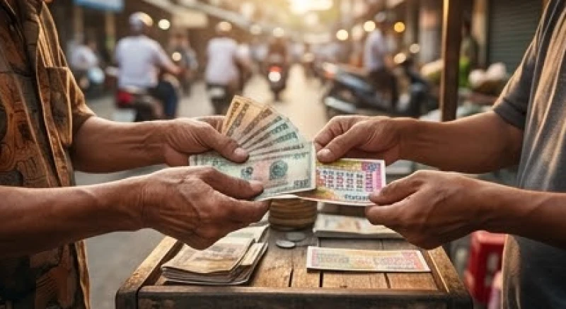 Bàn tay cầm những tờ tiền lẻ Việt Nam giao dịch tại quầy bán vé số ven đường