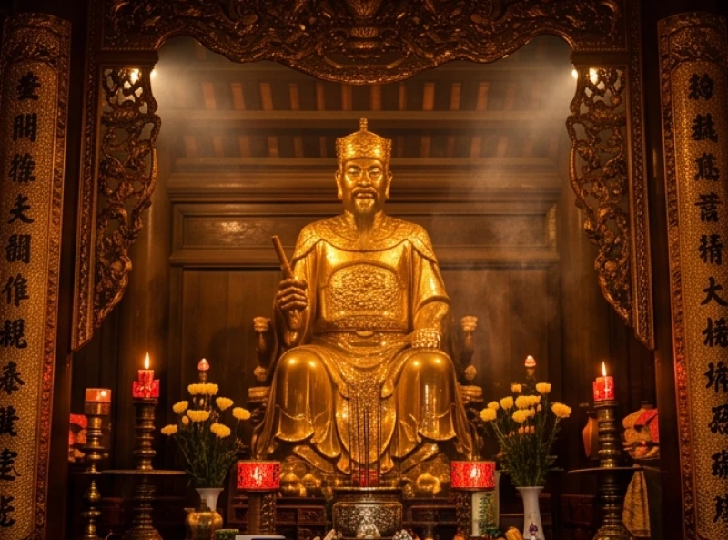 Bức tượng Đức Thánh Trần oai nghiêm bên trong chính điện khu di tích Đền Kiếp Bạc