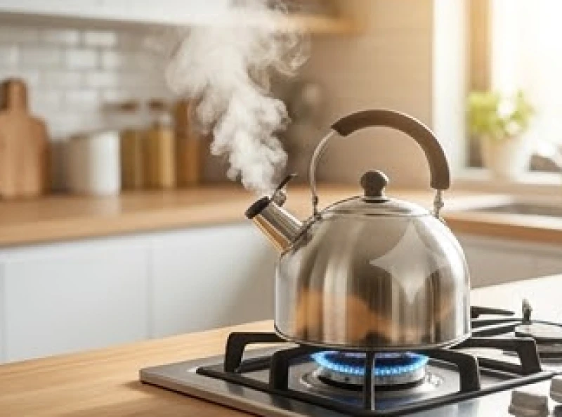 Ấm đun nước đang sôi sục bốc hơi nghi ngút trên bếp lửa tỏa hơi ấm khắp gian bếp mới