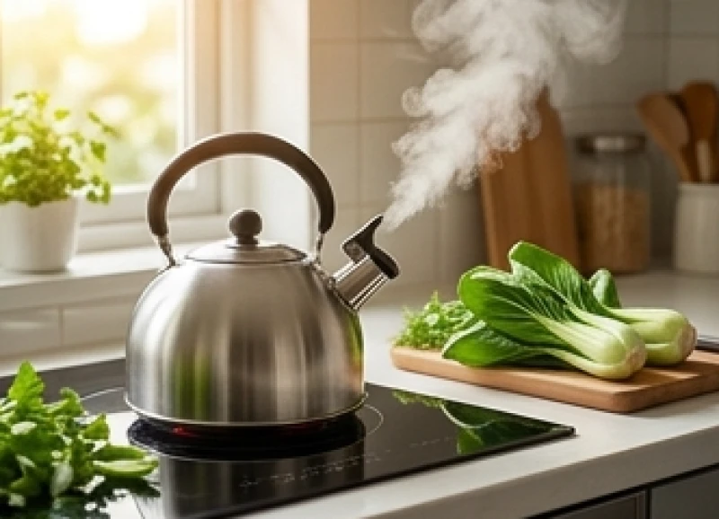 Tuổi Thân Nhập Trạch Ngày Nào Tốt: Lịch Giờ Đẹp & Cách Hóa Giải 10 Ấm nước đang đun sôi bốc khói trên bếp đỏ lửa trong gian bếp mới