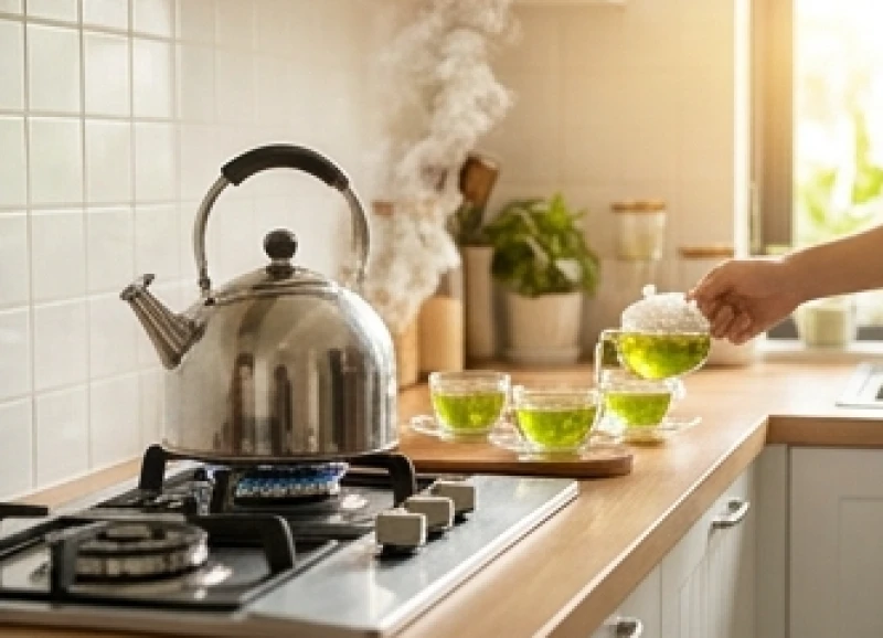 Ấm nước sôi bốc khói trên bếp lửa trong ngày đầu dọn về nhà mới