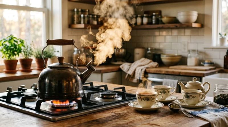 Ấm đun nước bằng kim loại đang sôi sùng sục trên bếp, tỏa hơi nước ấm áp bên cạnh những chén trà nóng